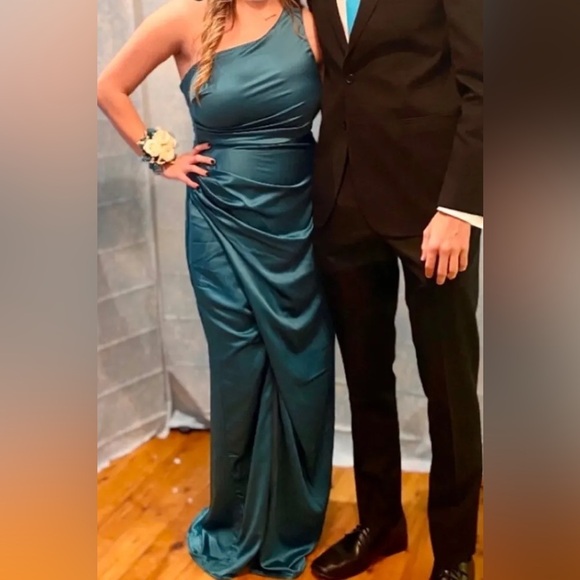 Dreaming of Elegance Dark Teal Satin One-Shoulder Maxi Dress - Picture 5 of 8